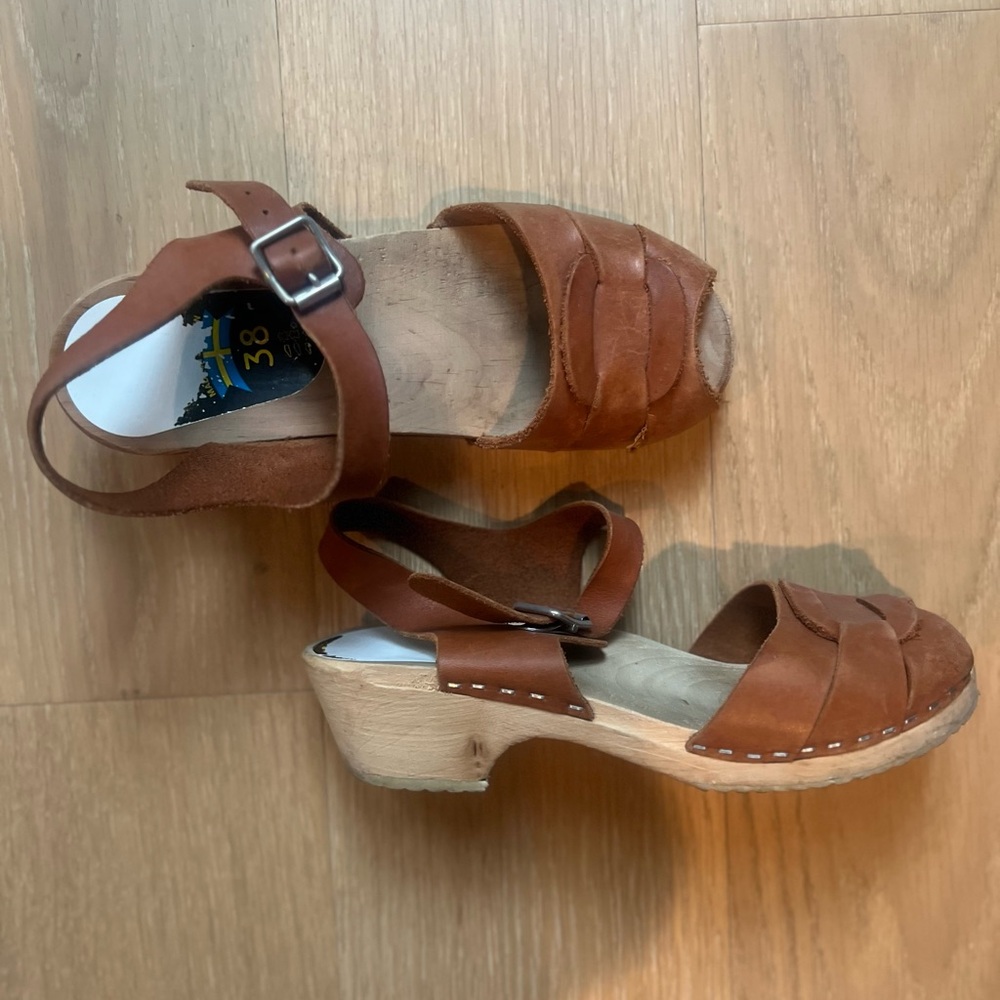 Swedish Hasbeens Tan Leather Mules